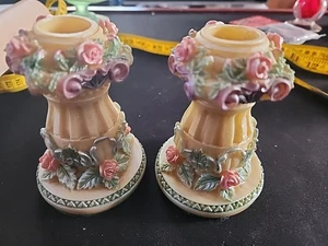 Vintage  1950’s Artmark roses floral baroque Candlesticks decor wedding - Picture 1 of 5