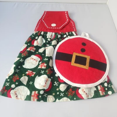 Рождественский вися кухонное полотенце и выбоина комплект, ручной работы, ткани, кнопка деталь - Изображение 1 из 4