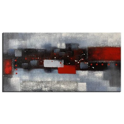 Pintura al óleo abstracta roja gris 48x24 lino texturizado moderno enmarcado arte de pared decoración Foto 1 de 4
