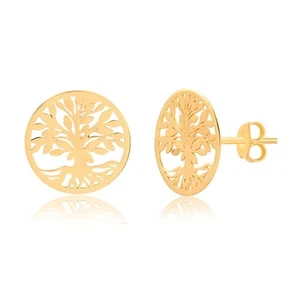 14k Solid Gold Tree of Life Round Shaped Butterfly Back Stud Earrings Women Girl - Picture 1 of 5