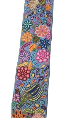 Peruvian Ayacucho Embroidered Floral Tassled Table Runner Handmade Wool Folk Art - Image 1 of 4