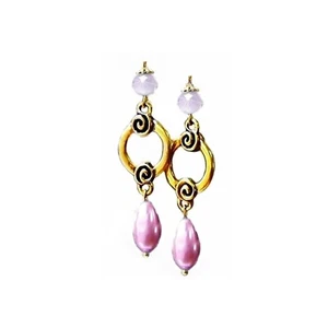 Earrings rose hoop pink pearl and crystal drop, choose clip on or pierced - Foto 1 di 4