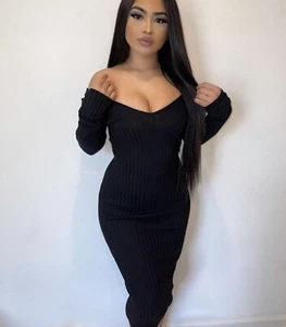 Women’s Fashion Boutique Black Knit Long Sleeve Scoop Neck Maxi Dress - Picture 1 of 2