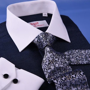 Dark Navy DOT With White Contrast Collar & Cuff For Formal Business Dress Shirt - Picture 1 of 12