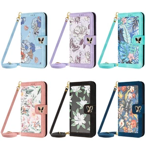 With Strap Crossbody Phone Case Bling Butterfly Printed Flower Flip Leather Card - Picture 1 of 70