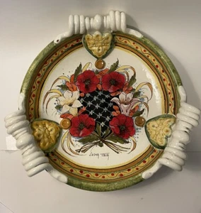 Vintage Leona Italia Art Pottery Hand Painted Serving Platter Handles Signed 12" - Picture 1 of 11