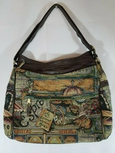 Women Vintage Shoulder Bag Handbag Brown Tapestry Leather Trim Bistro SAS - Picture 1 of 10