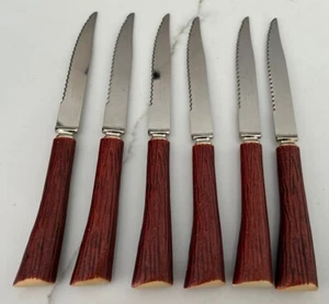 VTG Cutron Sheffield Stainless 6 Pc Steak Knives Faux Antler Handle Bakelite EUC - Picture 1 of 10