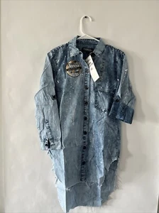 Thrill Jeans Womens M Raw Edge Button Up Collared Denim Shirt Dress Tunic New - Picture 1 of 5