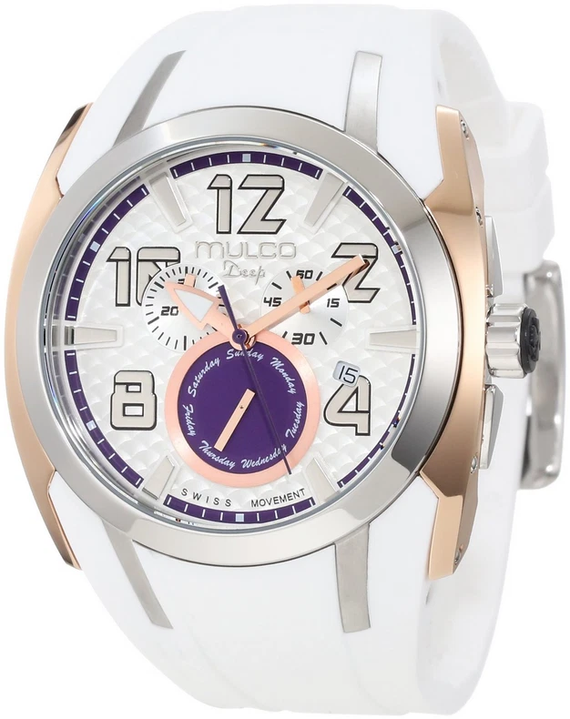 Reloj Mulco Deep Chrono esfera plateada y púrpura silicona blanca para dama MW117186015 Foto 1 de 1