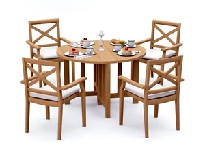 5-Piece Outdoor Teak Dining Set: 48" Butterfly Table, 4 Stacking Arm Chair Grand - Picture 1 of 9
