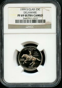 1999-S Clad USA New Delaware State Quarter Proof Coin NGC PF 69 Ultra Cameo 25C - Picture 1 of 2