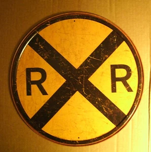 Round Tin Railroad Sign (11.75") Old Style Train Crossing for Man Cave or Garage - Picture 1 of 1