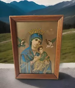 Antique Puccinelli Style Mother Mary & Jesus Lithograph Framed 8"x6" Great Color - Picture 1 of 13