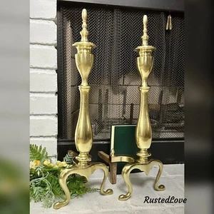 Accesorio vintage chimenea de latón liso estilo federal Andirons - Imagen 1 de 9