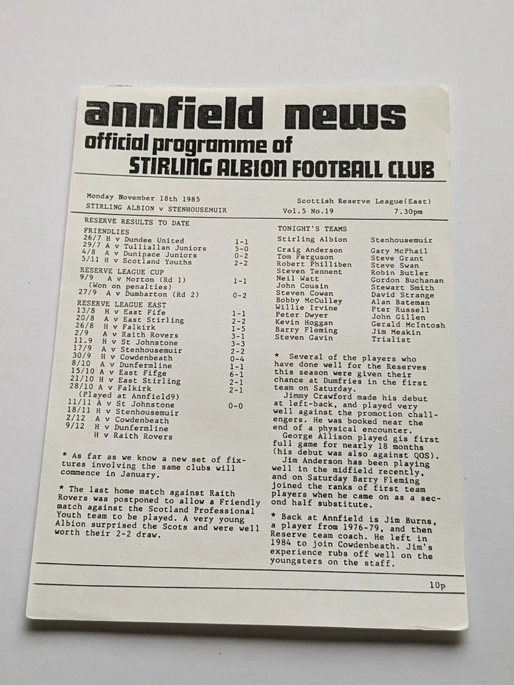 Stirling Albion v Stenhousemuir Scottish Football Reserve Programme 1985 - Image 1 of 2