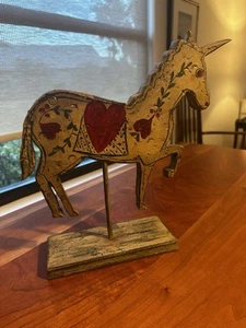 Handgemaltes Volkskunst Holz Einhorn signiert Primitive Americana repariert - Bild 1 von 11
