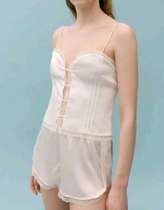 NEW MANGO X VICTORIA BECKHAM OFF WHITE CREAM 92% SILK CAMI VEST TOP LACE SIZE L - Picture 1 of 4