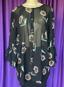 CABI Black w/Peach + Sage Green Floral Bell Sleeve Tunic Top Size L - Picture 1 of 11