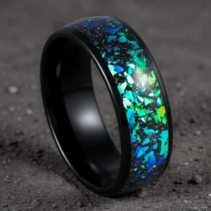 Black Tungsten Ring with Opal Men's Wedding Band Men's Ring 8mm - Picture 1 of 3