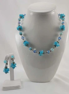 Vintage Rhinestone and Clear and Opaque Blue Glass Bead Vendome Necklace Earring - Picture 1 of 5
