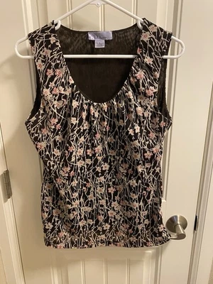 Nine Co Top L Floral Blouse Stretch Tank Sleeve Shirt Brown Cream Lined Large Lg - Image 1 of 4