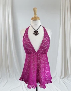 Magenta Pink Lace Sheer Ruffle Halter Top Babydoll Lingerie Flirty Romantic Top - Picture 1 of 4