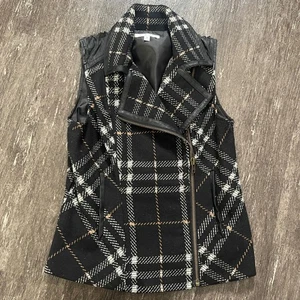 Cabi Vest S Black Plaid Moto Asymmetrical Zip Faux Leather Trim Sleeveless Flaw - Picture 1 of 7