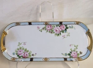 Vintage Nippon Porcelain Sandwich Tray Painted Floral Roses Blue Pink Gold Trim - Picture 1 of 13
