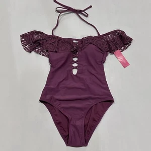 Xhilaration Juniors' Lace Off The Shoulder Halter One Piece Swim Suit - Berry XS - Picture 1 of 3