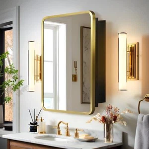 NEUTYPE Medicine Cabinet 16" W x 24" H Gold Recessed/Surface Mount W/Mirror - Picture 1 of 8