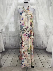 Alex Marie Size 2 Ivory Pink Floral Long Maxi Sleeveless V Neck Halter Dress B57 - Picture 1 of 11