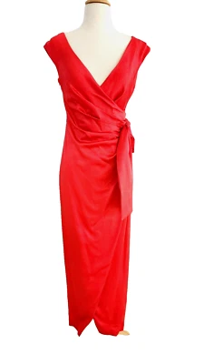 Nuevo con etiquetas Vestido Kay Unger Largo Noche Imitación Envoltura Rojo Rubí Talla 2 Foto 1 de 4