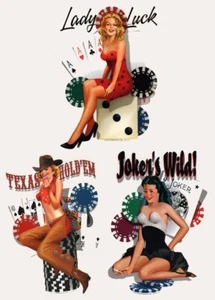 SET of 3 Casino PINUP Stickers Texas Hold'em Jokers Wild Lady Luck LUCKY Decals - Picture 1 of 1