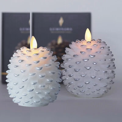 Juego de 2 velas de cera de cono de pino sin llama Luminara con mecha móvil remota blancas Foto 1 de 4