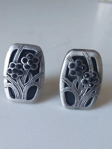 Pewter Tone Clip On Earrings Art Nouveau Floral Black Rhinestones - Picture 1 of 9