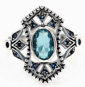 Natural Aquamarine & Sapphire 925 Solid Sterling Silver Ring Jewelry Sz 6 - Picture 1 of 3