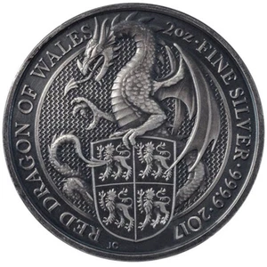 DRAGON Queen Beasts Antique Finish 2 Oz Silver Coin 5£ United Kingdom 2017 - Imagen 1 de 3