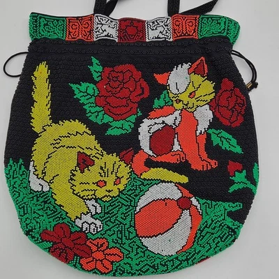 Bolso Cartera Vintage Años 70 Neón y Negro Punto Caramelo Cuentas Gato Cordón Hong Kong Foto 1 de 4