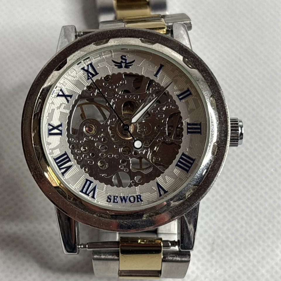 Reloj Pulsera Hombre Plateado Sewor Mecánico Esqueleto Números Romanos Necesita Banda Nueva Foto 1 de 4