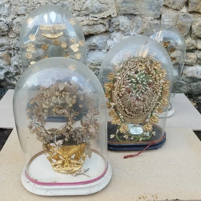 Ancien Globe De Mariée En Verre - Lot De 4 Globes Avec Garnitures - XIXe - Photo 1/4