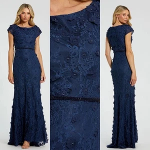 Abito vestito manica corta Mac Duggal blu con applicazioni floreali scollo barca - Foto 1 di 15