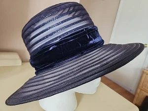 Sombrero de colección Howard Hodge NY azul marino a rayas transparentes con lazo de terciopelo años 50 RARO - Imagen 1 de 14