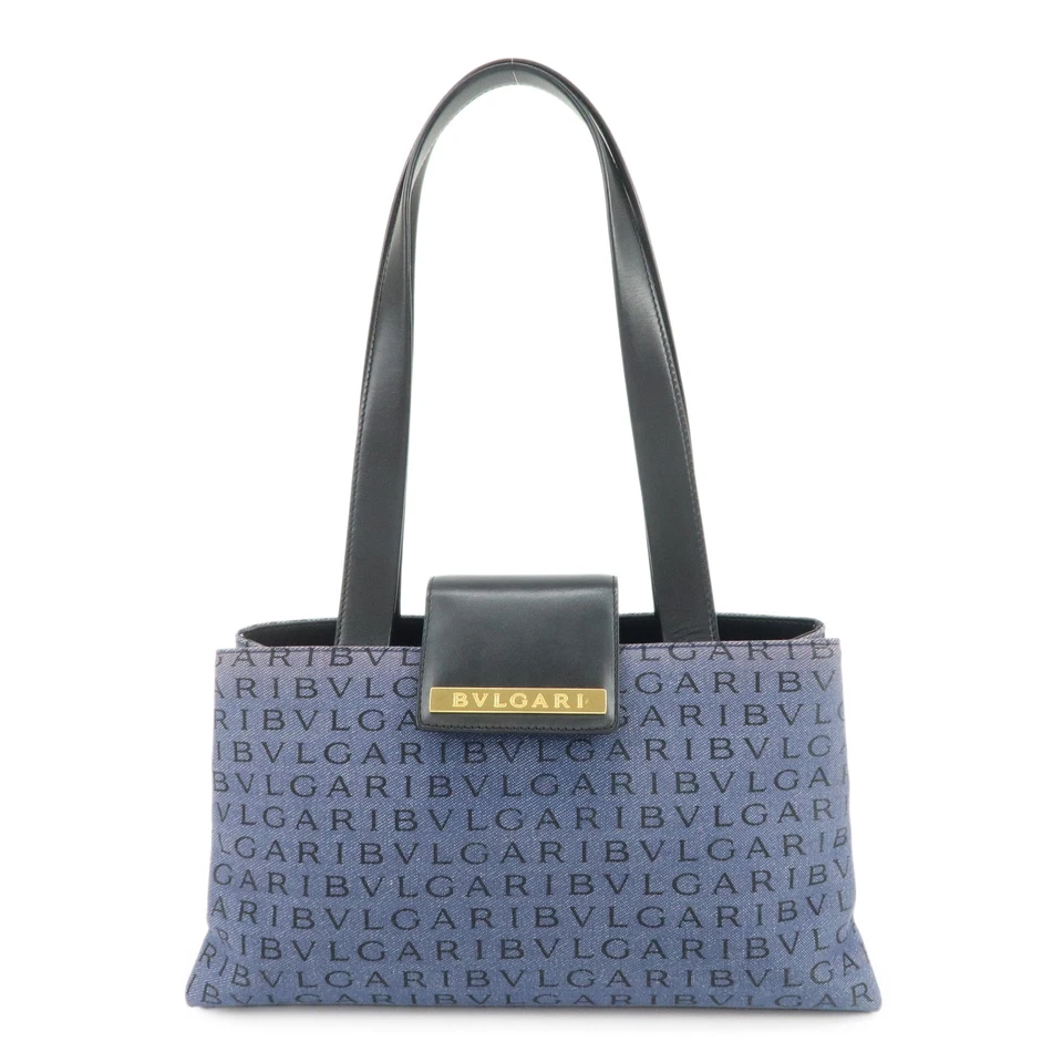 Bolso de hombro de cuero vaquero BVLGARI Logo Mania azul negro auténtico usado envío gratuito Foto 1 de 4