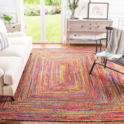 6 Ft Square Red Farmhouse Jute Rug Area Cape Cod Accent Boho Flat Weave Nautical - Image 1 of 4