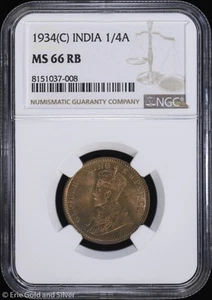 1934-(C) India 1/4 Anna NGC MS 66 RB | Toned Uncirculated UNC BU - Picture 1 of 4