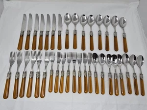 VINTAGE EME ITALY 18/10 STAINLESS FLATWARE SET NAPOLEON AMBER HANDLE 37 PC - Picture 1 of 10