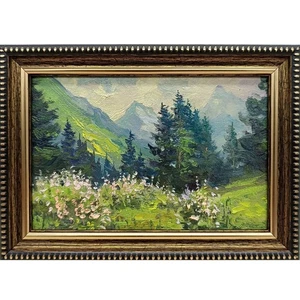 Sommer Natur Ölgemälde Original Kunst Land Landschaft Blumenwiese 4 x 6 Zoll - Bild 1 von 6