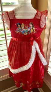 Disney Princess Holiday Dress Girls S Red Velvet Tulle Fur Trim Ariel Belle - Picture 1 of 5