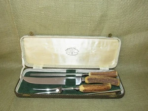 Vintage LATHAM & OWENS Faux Stag Horn Carving Set in Original Case ~ England - Picture 1 of 14